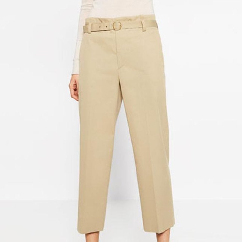 Zara Beige Belted Straight Leg High Rise Trousers size XS